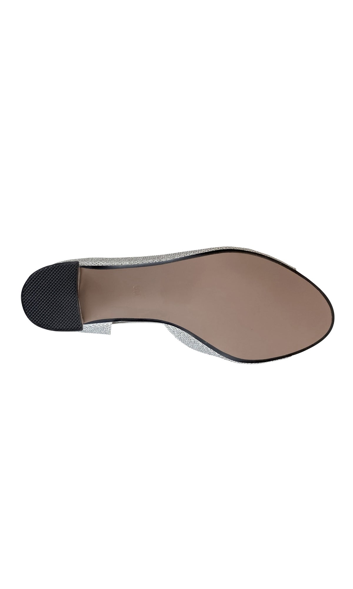 The image shows the bottom view of the Joy Peep-Toe Silver Pump 4358, featuring a beige sole, a small textured heel, and a smooth surface.